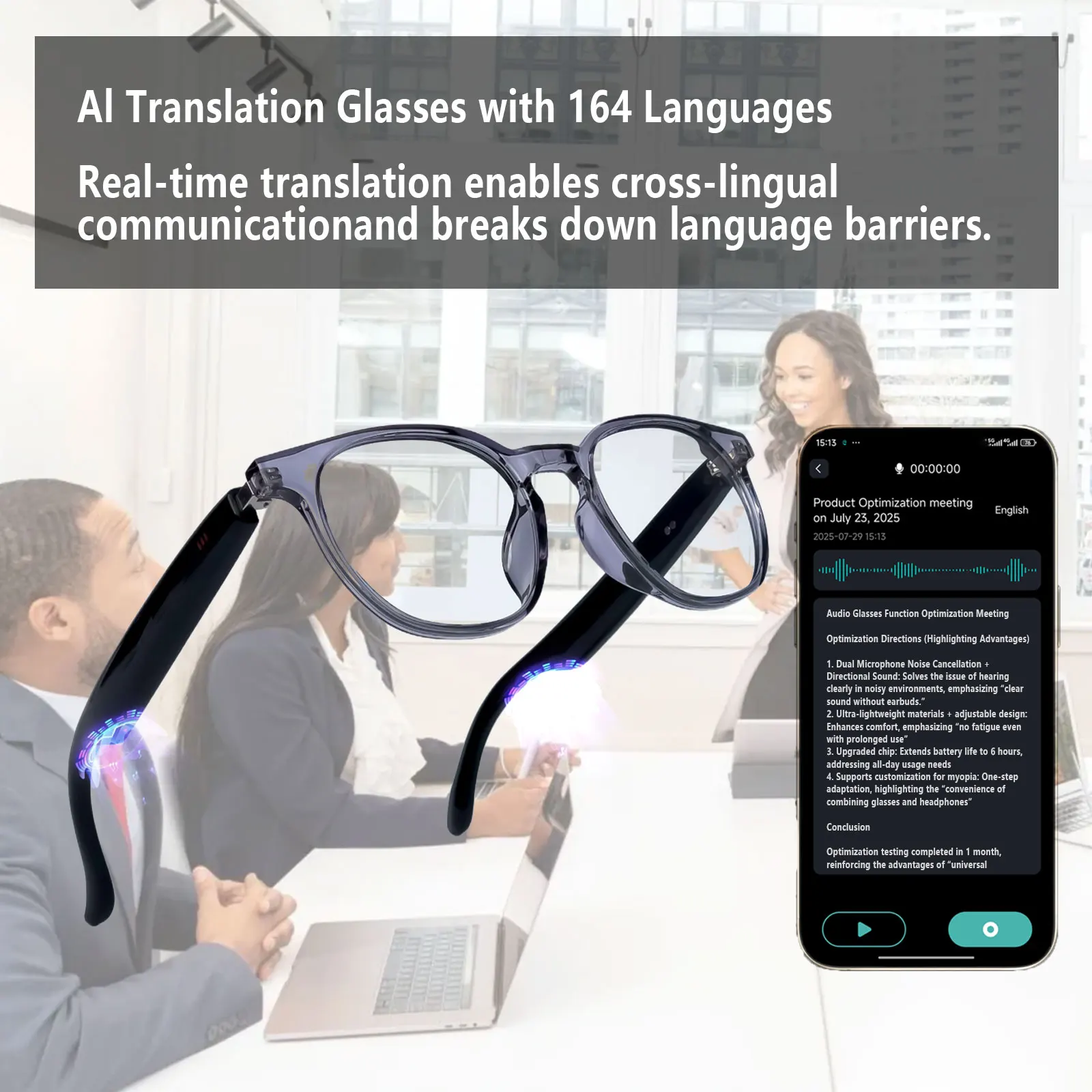 Smart Audio Glasses, Real-Time Translation Via App, Photochromic Lenses, Hi-Fi Music Playback, And Noise-Canceling Voice Calls. view 4