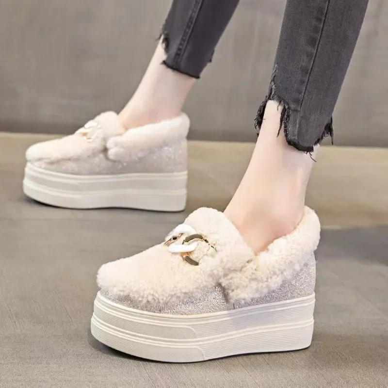 2024 Platform Plush Boots Women Crystals String Bead Hot Warm Height Increasing Short Snow Boots Pearl Fur Shoes Woman