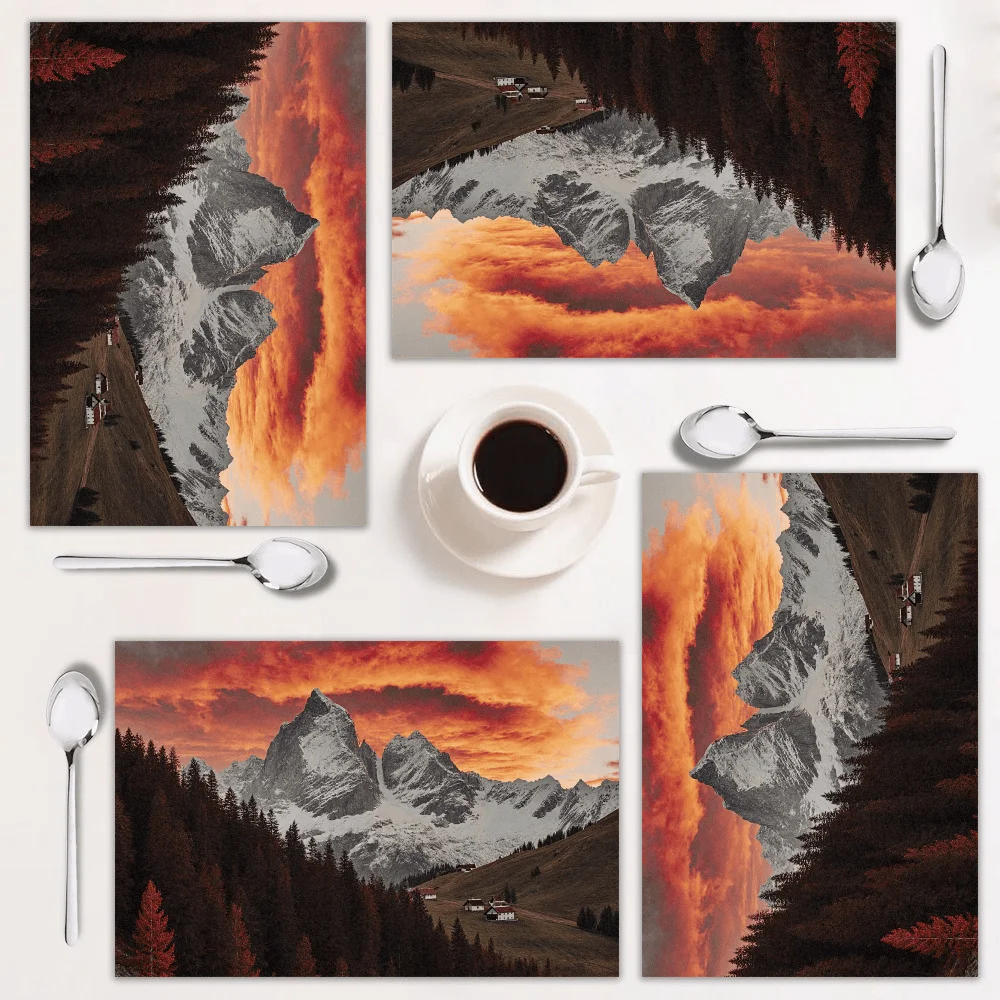 

4-piece rectangular placemat set, scenic mountain view, easy to clean, modern decor, perfect for kitchen and holidays.