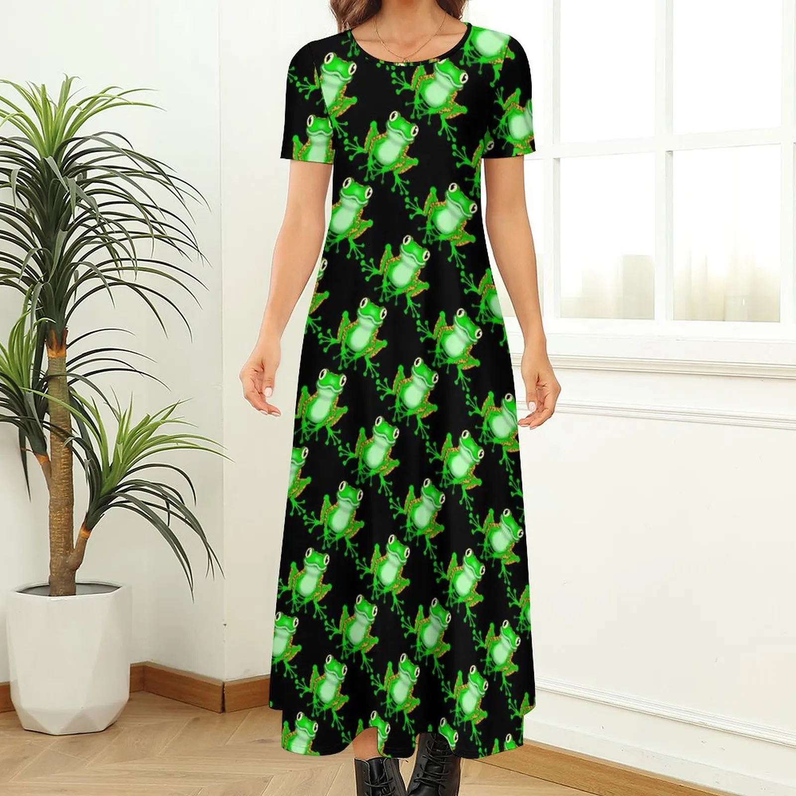 Grappige Kikkerjurk Groene Dierenprint Elegante Maxi-Jurk Dames Koreaanse Mode Boho Strand Lange Jurken Grote Maat