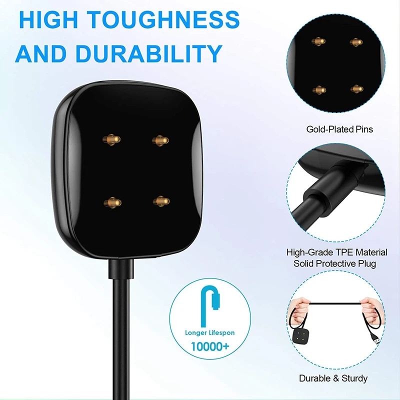 Doca de carregamento USB para Fitbit Sense e Versa 3 Smartwatch, cabo do carregador, 3.3 FT, 2Pack