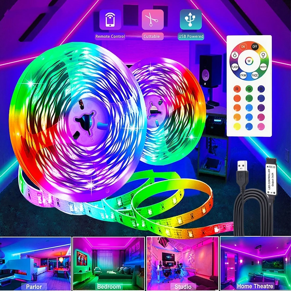 أضواء شريط LED USB مع 24 مفتاحًا للتحكم عن بعد RGB أضواء شريط LED مرنة متغيرة الألوان، إضاءة خلفية للتلفاز، غرفة النوم، المكتب، الكمبيوتر الشخصي،