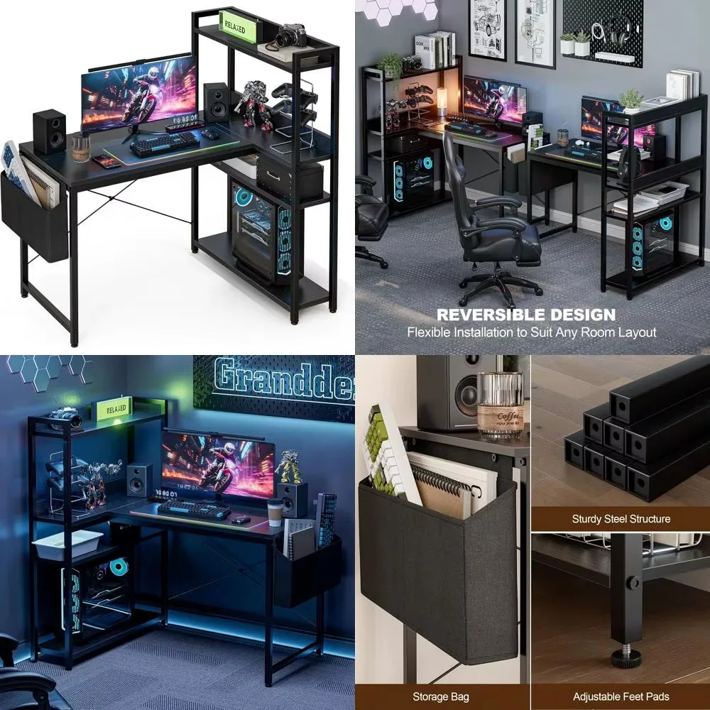 

L-Shaped 40 Inch Computer Desk with Reversible Storage Shelves, Home Office Corner Desk for Study and Writing with Hutch