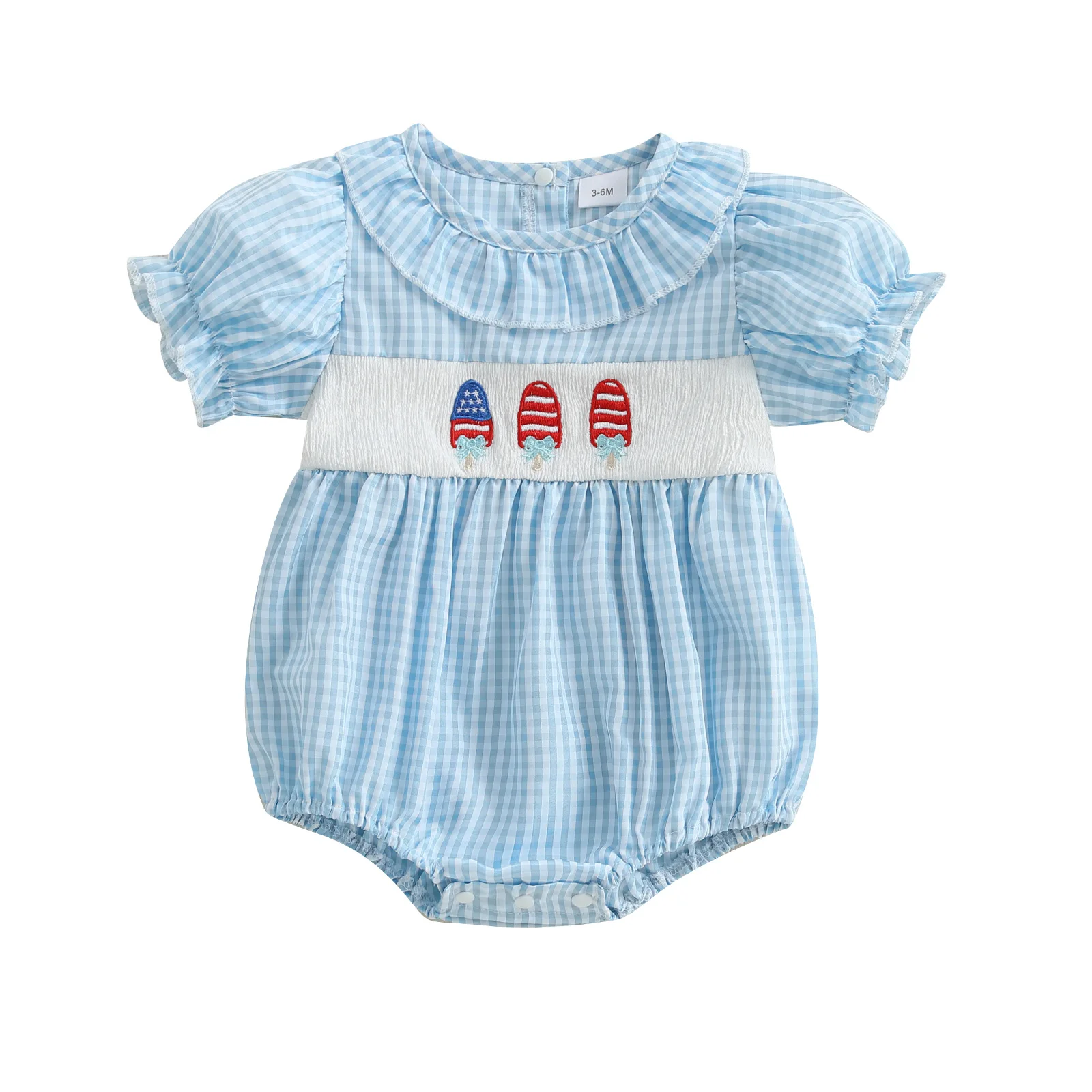 Ready To Ship Baby Girl 4th of July Popsicle Smock Embroidery Bubble Romper Gingham Ruffle Collar Patriotic Summer Outfit
