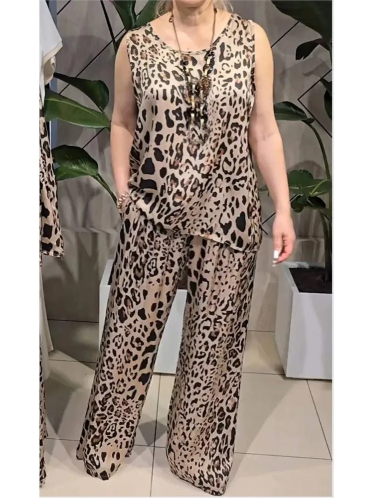 

Women's New Round Neck Sleeveless Casual Leopard Print Two Piece Sets Suit 2025 Spring Summer Fashion Wide Leg Pant 2 Piece Sets