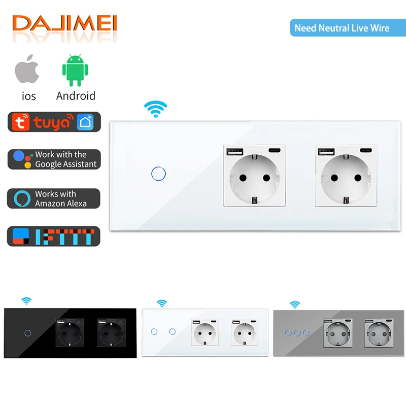 dajimei inteligente wifi interruptor de toque com soquete duplo tipo c painel de vidro de cristal tuya sensor interruptores e soquetes para casa inteligente 01