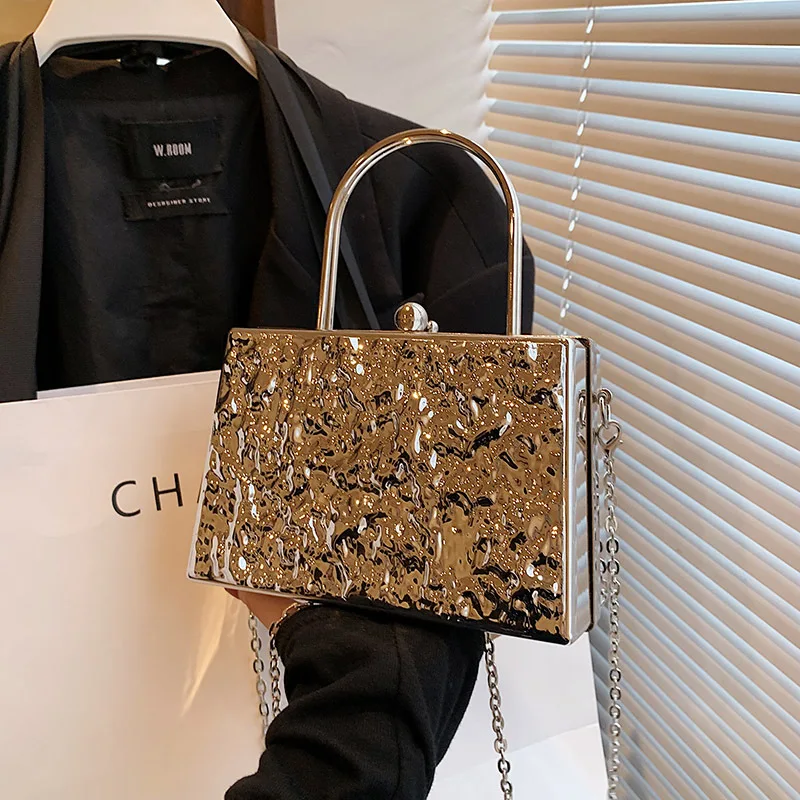 Silver Evening Clutch Bag Women Bag Handbag Square Metallic Coating Clutches Bag Fashion Shoulder Crossbody Bag Luxury Purse