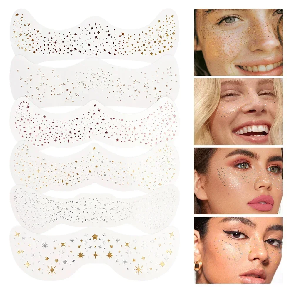 6pcs Hot Stamping Freckles Makeup Patches Metallic Radiation Golden Silver Fake Freckles Temporary Tattoo Stickers Face Makeup