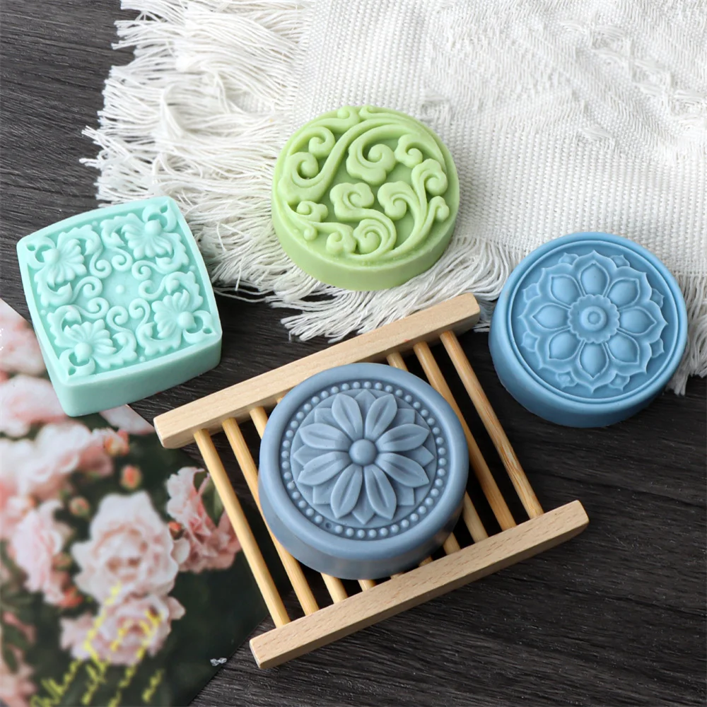 Vintage Carved Soap Mold Auspicious Cloud Pattern Silicon Molds Symmetrical Lotus Crystal Epoxy Resin Essential Oil Soap Mould