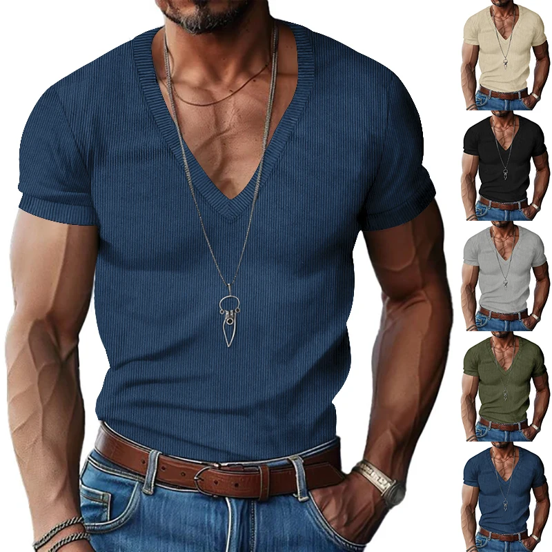 Men's corduroy T European and American summer men's clothing V-neck solid color slim fit casual T-shirt short sleeved top