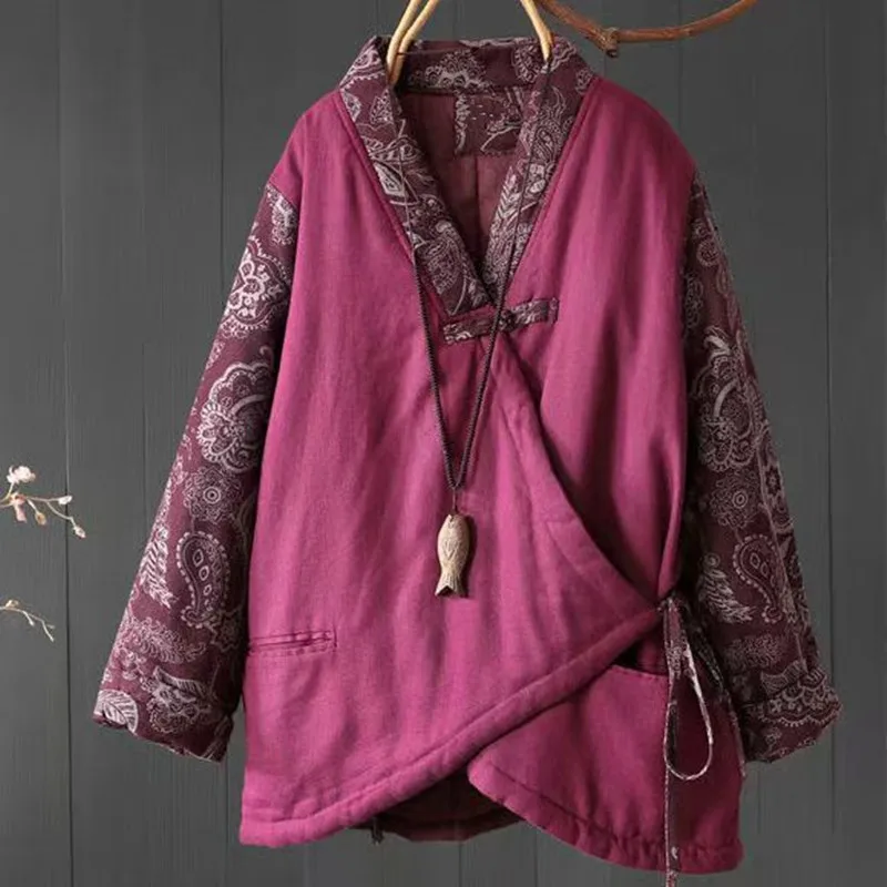 

Утепленная хлопковая куртка для женщин, осенне-зимняя, новая, в китайском этническом стиле, из смесового хлопка и льна, теплая, с V-образным вырезом, длинная.