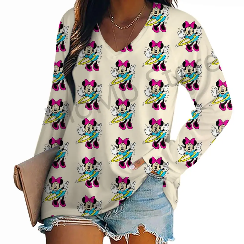 Camiseta con cuello en V para mujer, camisetas de manga larga Y2k de Disney para mujer, ropa juvenil de fiesta de S-3XL, 2024