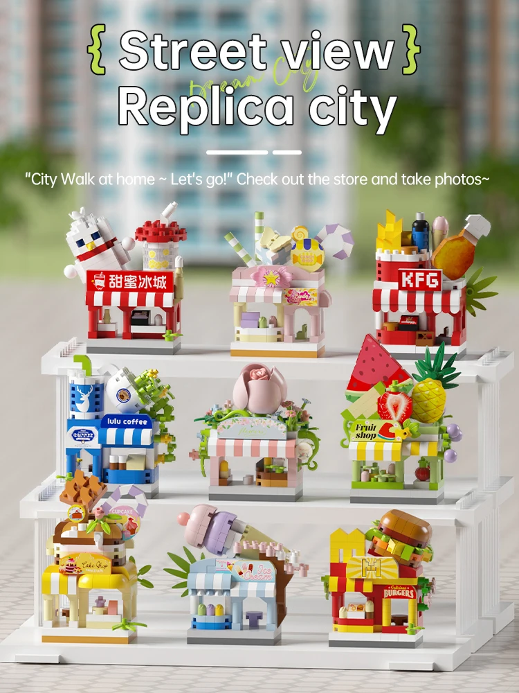 City Street View Mini bloc de construction de rue commerciale, bricolage magasin de fleurs café gâteau aux fruits maison jouets d'assemblage, cadeaux pour enfants