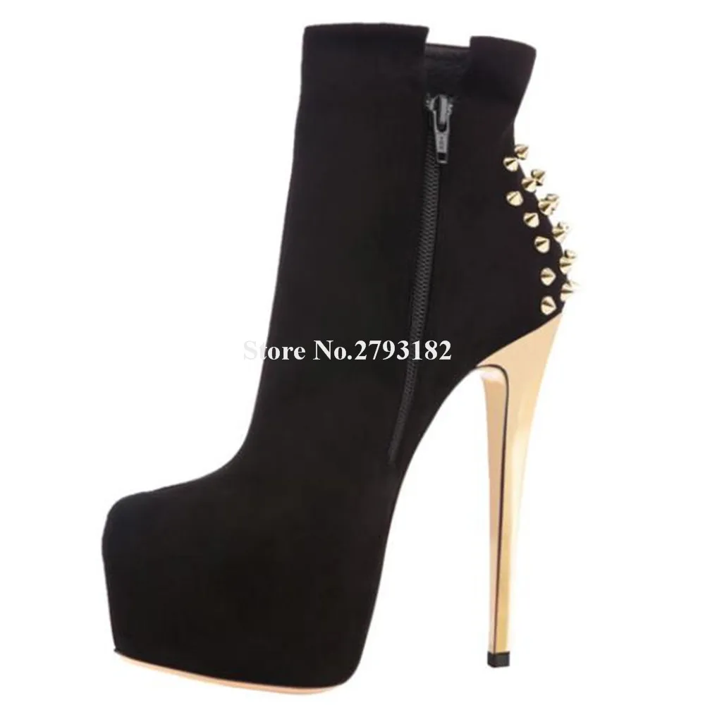 

Fashion Black Suede Patchwork Gold Thin Heel Short Boots Round Toe Back Rivets High Platform Ankle Booties Big Size