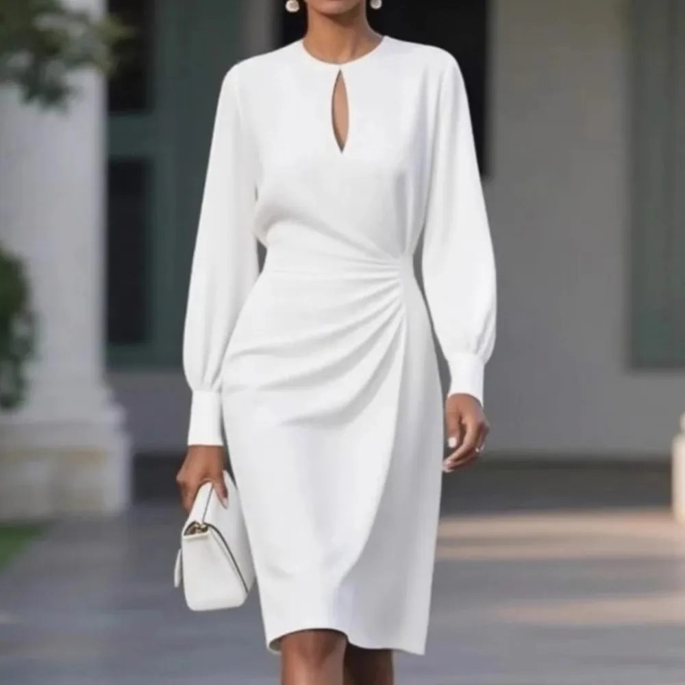 Vestido plisado con escote redondo y recortado en la cintura con temática de otoño para mujer