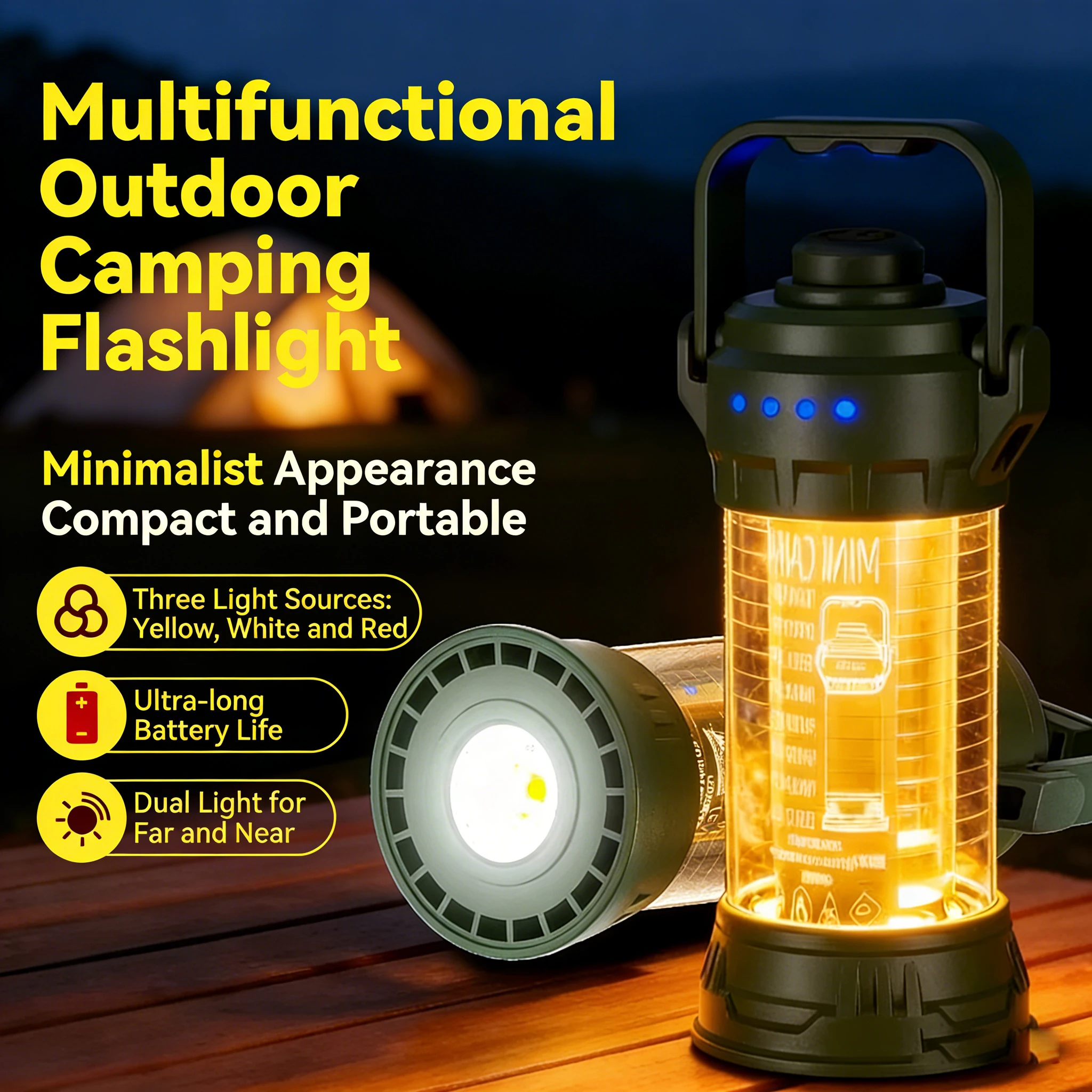 

Портативная кемпинговая лампа LED, ручной фонарь с USB-зарядкой, мини-прожектор с 6 режимами освещения, крючок для крепления, для походов, палаток, аварийных ситуаций