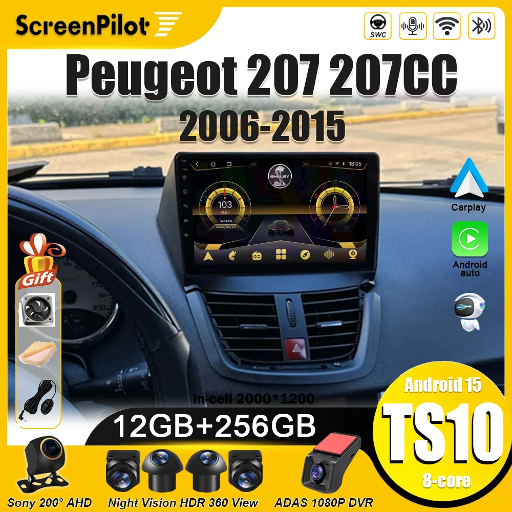 Radio con Android 16 para Auto Peugeot 207 207CC 2006-2015, Reproductor Multimedia de Video 2 DIN, Carplay, Bluetooth, Mirror Link, 8 Núcleos, Wifi, 4G