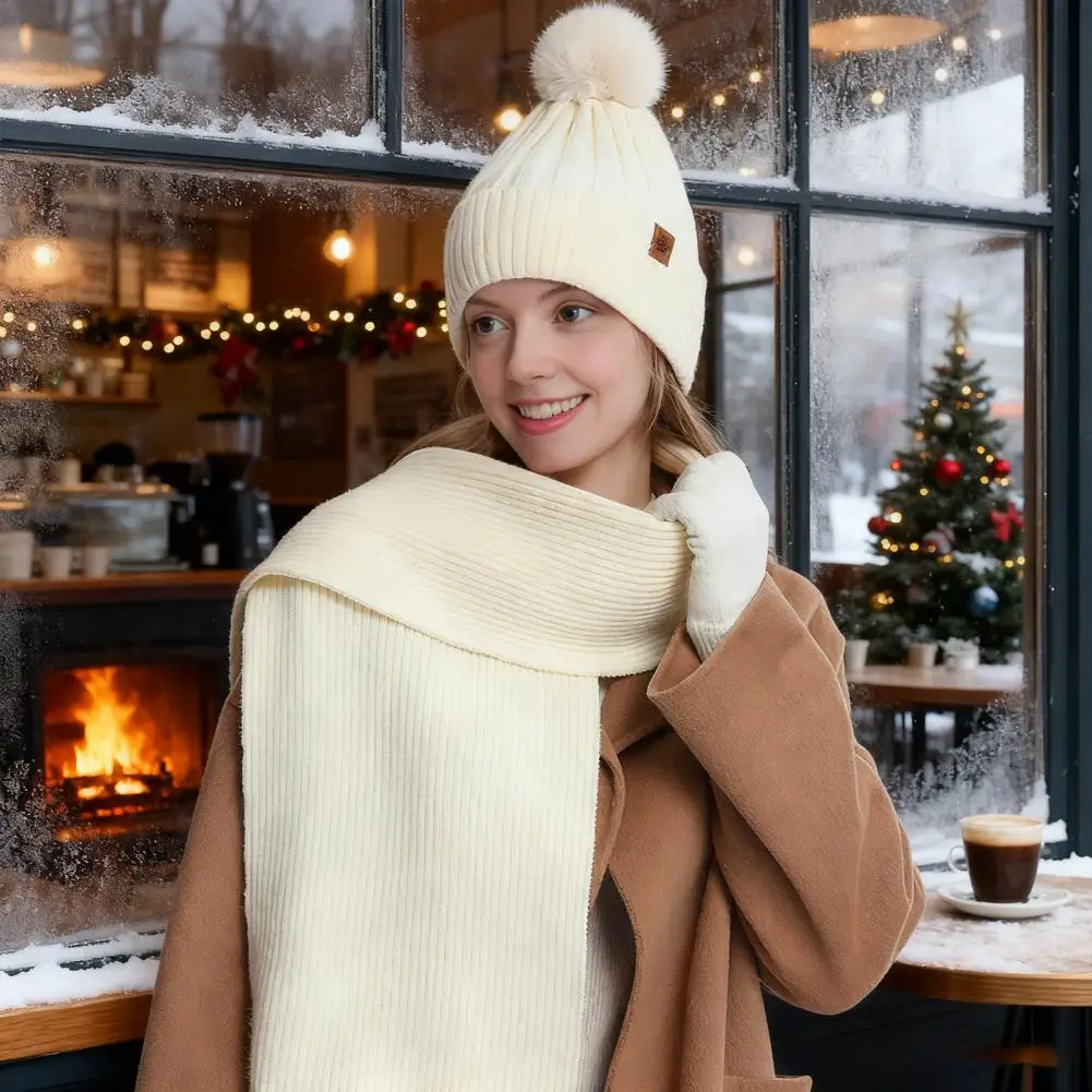 Soft Fleece Lined Gloves Winter Knitted Scarf Gloves Set with Pom Pom Ball Double Layer Hat Touchscreen Gloves Women's 3pcs