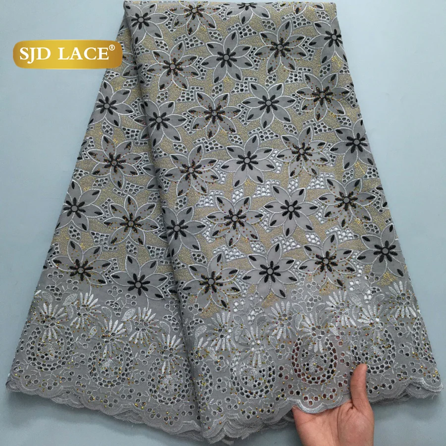 

SJD LACE African Cotton Lace Fabrics with Stones 2025 High Quality Embroidery Swiss Voile Lace Cotton For Women Wedding Sew 4212