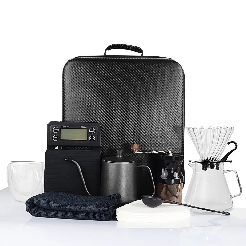 Travel Coffee Accessories Set Including PU Bags Manual Grinding Cups Filter Cups and Other Outdoor Coffeeware