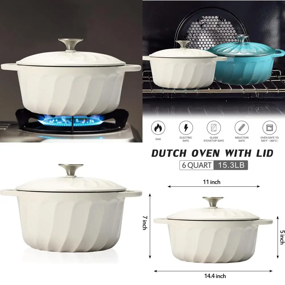 

6-Quart White Enamel Cast Iron Dutch Oven with Lid, Suitable for Baking and Cooking on All Heat Sources