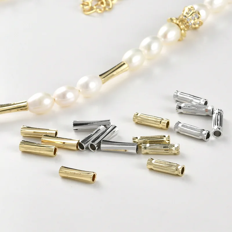 Copper 14k Gold Color Retention Striped Long Tube Beads Bead Spacer DIY Handmade Bracelet Necklace Beaded Material Accessories