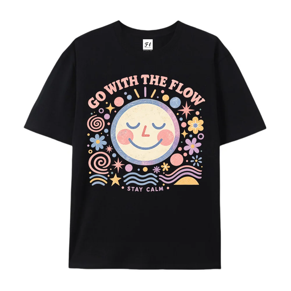 Go With The Flow Graphic Tee For Women Retro Smiley Face Floral Print Short Sleeve Casual Oversized Vintage Stay Summer Tops