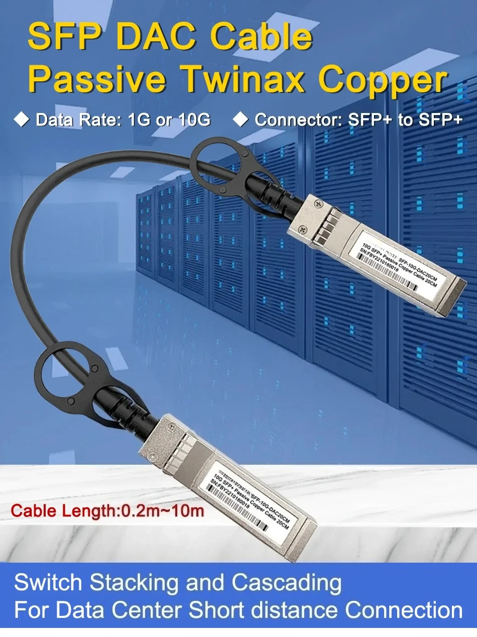 كابل 10G SFP DAC 20 سم، 0.5 م، 1 م، 2 م، 3 م كابلات توصيل نحاسية Twinax SFP+ DAC لمفتاح MikroTik، TP-Link، Netgear