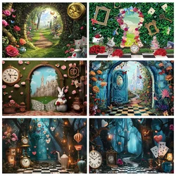 Wonderland Tea Party Photography Backdrop Green Leaves Checkerboard Rabbit Background for Girl Baby Shower Birthday Decor Banner
