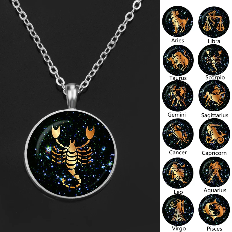 12 Naszyjnik z konstelacją Pomarańczowy znak zodiaku Wisiorek ze szklanym kaboszonem Naszyjnik z łańcuszkiem w kolorze srebrnym