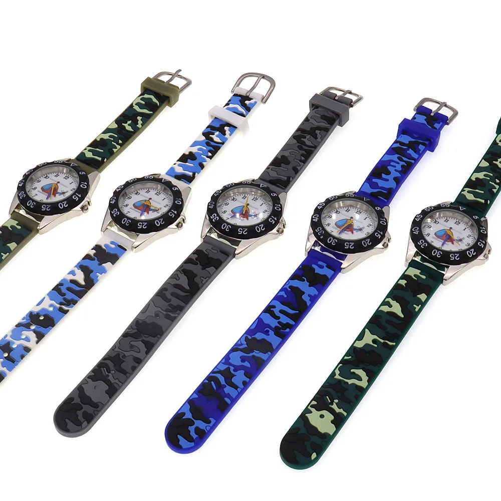 5Pcs Cartoon Quartz Watches for Boys and Girls Camouflage Silicone Strap Digital Wristwatch Children's Gift Students