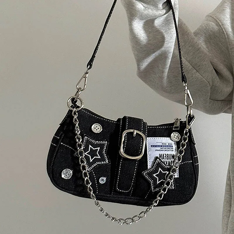 

Y2K Millennium Star Cowboy Underarm Bag with Button Decoration, Fashionable Trend, Niche Design, Embroidered Canvas Handbag