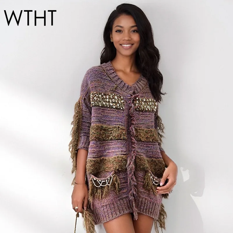 

WTHT модный новый женский свободный вязаный кардиган с бриллиантами и кисточками, зима 2025 г., модный женский свитер с v-образным вырезом и длинными рукавами 1LS2658