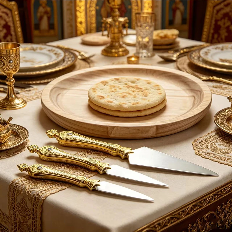 Orthodoxes Liturgie-Speerset mit 18cm Holztablett, Heilige Lanze, Prosphora-Kopie, Vergoldeter Holzgriff, Kirchenaltarwerkzeug, Geschenk – Detail 6