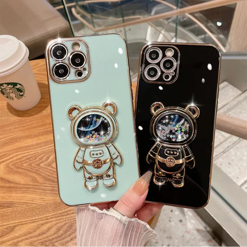 Liquid Quicksand Glitter Luxury Case for iPhone 16 Pro Max 15 14 16 Pro Max 11 12 13 Pro 15 16 Plus Astronaut Stand Holder Cover