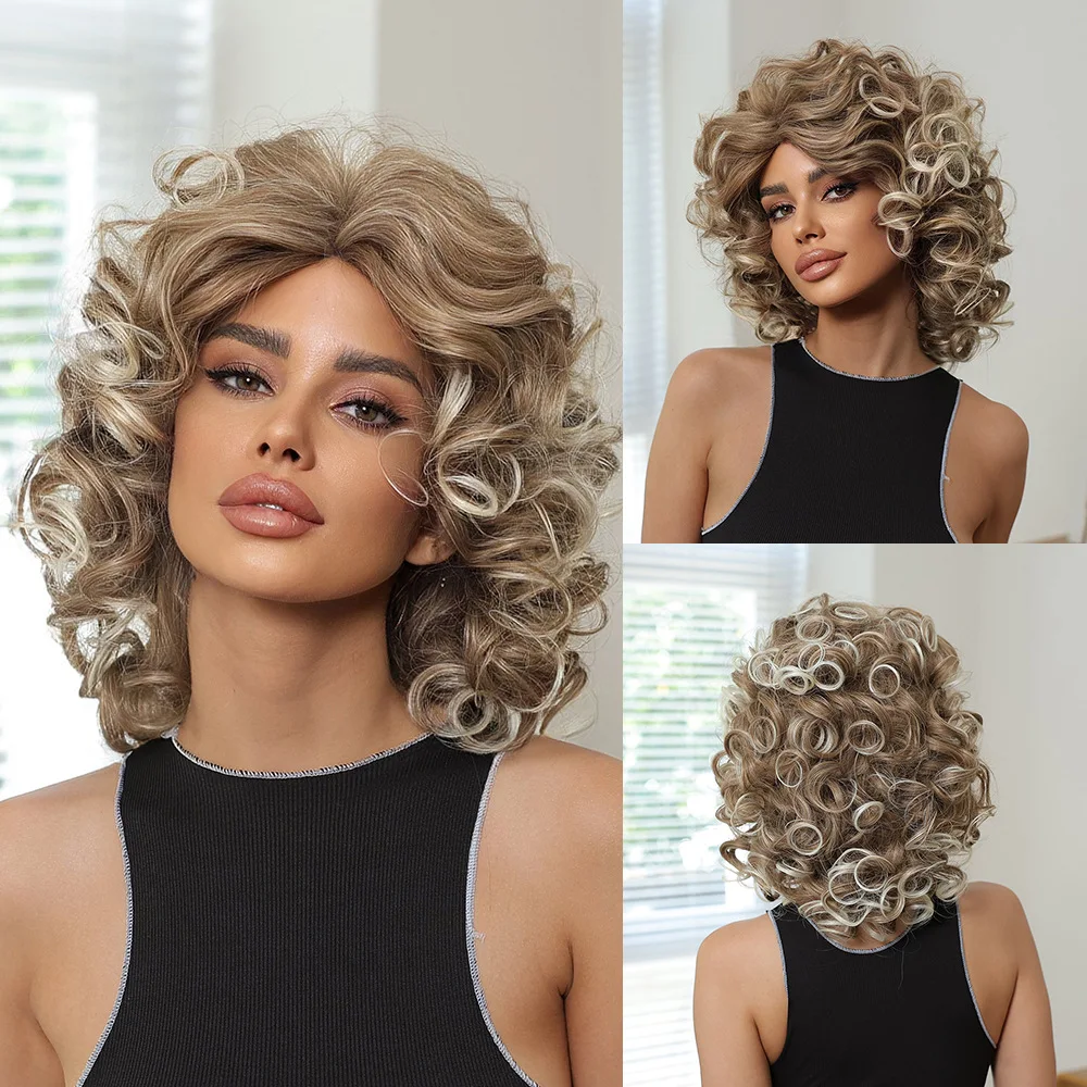 Peruca loira feminina grande encaracolado luz ouro inteiro novo cabelo curto encaracolado