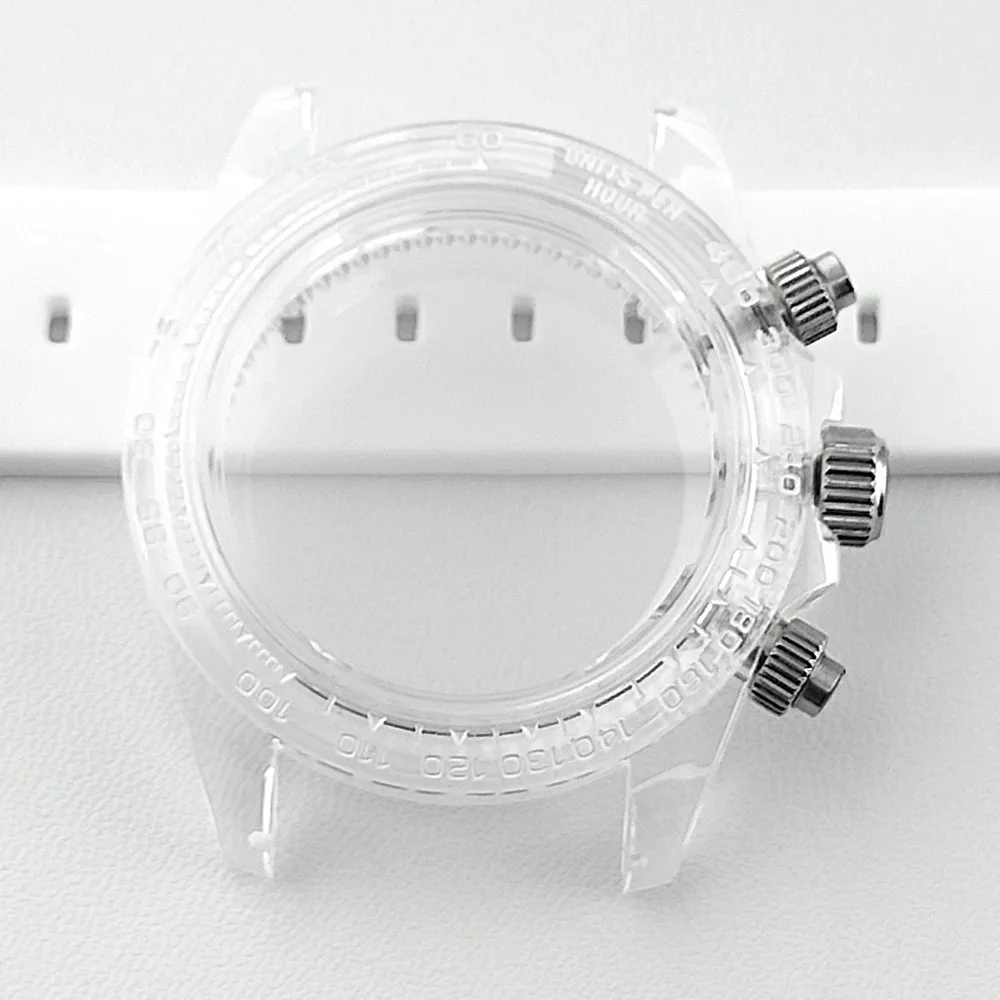 39,5mm Herren-Uhrengehäuse aus Acryl, transparent, geeignet für VK63, mit schwarzem, blauem, grünem, weißem Armband, Uhrenteile und Zubehör – Detail 1