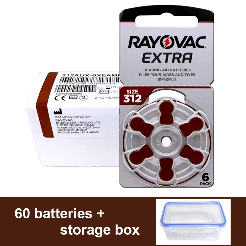 Аккумуляторы для слуховых аппаратов Rayovac 312 A312 312A P312 PR41, 1,45 В, 60 шт.