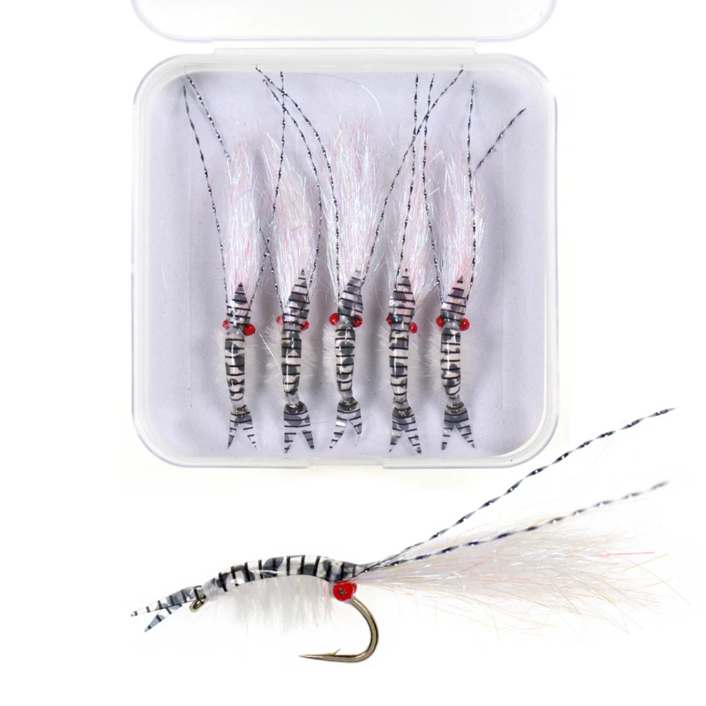 5 Stück/Box Eis-Dubbing-Garnelen-Fliegenhaken mit Widerhaken, Scud-Nymphen-Fliegen, Fliegenfischen, Forellen-, Barsch-, Karpfen-, Blauflossen- und Forellenköder