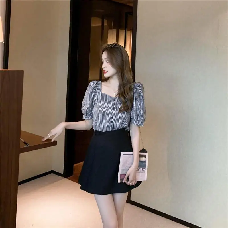 Yellow Plaid Blouse for Women's Summer New Temperament Short Sleeve Button Patchwork Short Shirt Tops Korean Fashion Clothing
