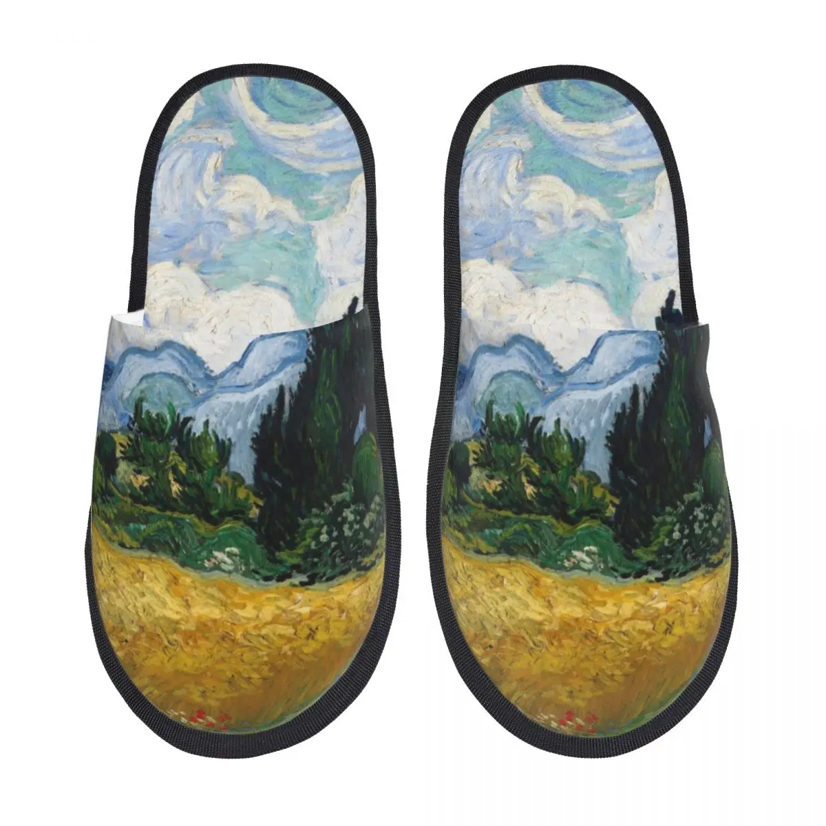 Custom Wheat Field With Cypresses House Slippers Women Cozy Memory Foam Vincent Van Gogh Slip On Bedroom Slipper Shoes