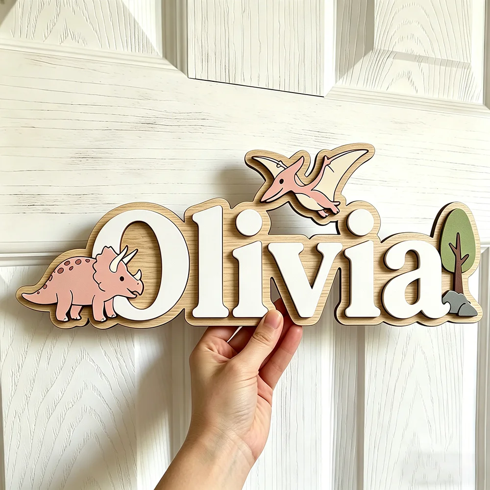 Personalized Dinosaur Name Sign for The Best Baby, Wooden Nursery Decor with Triceratops & Pterodactyl, Unique Kids Door Plaque, - view 2