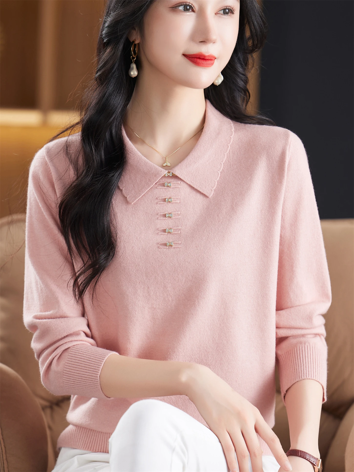 

2025 New Faionable Knitted Woolen T-irt Loose Fit Women's Middle-Aged And ly Spring Autumn Wear Casual Cleanable