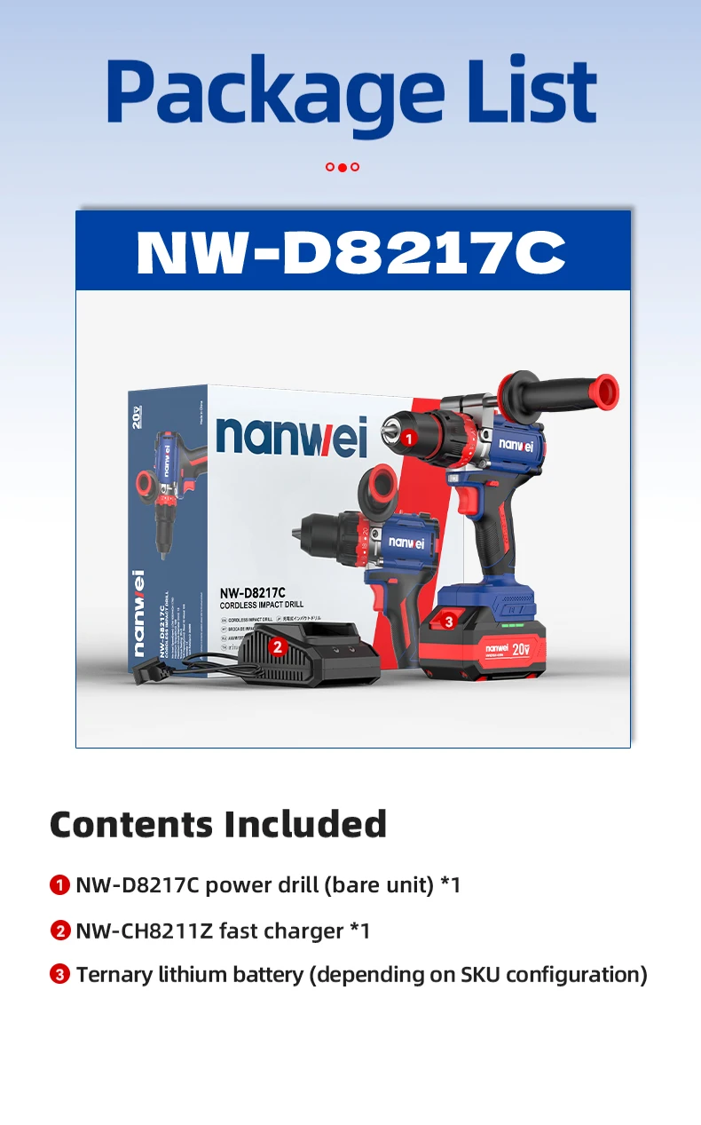 Brushless Cordless Impact Drill NANWEI Cordless 20v 13mm Ice Drill Power Tool 160NM High Torque