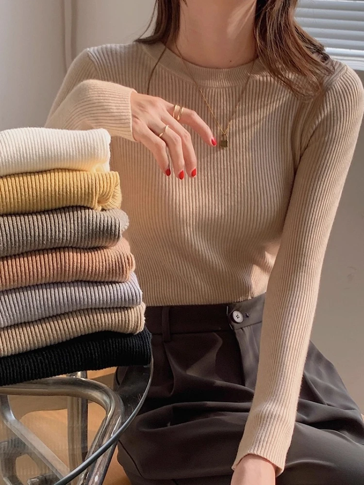 

Осень-зима 2024, шикарный повседневный базовый свитер, женский однотонный вязаный тонкий пуловер с круглым вырезом, женский теплый универсальный свитер с длинными рукавами