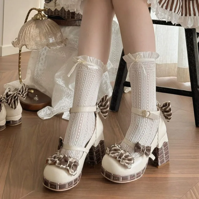 

Cute Chocolate High Heel Women's Mary Jane Shoes Cute Sweet Lolita Round Toe Shoes for women with Bow