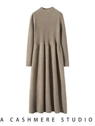New Luxury Women 100% Cashmere Dresses Autumn Winter Mock Neck Elegant Sweater Long Dress Ankle Length Dresses Cashmere Knitwear