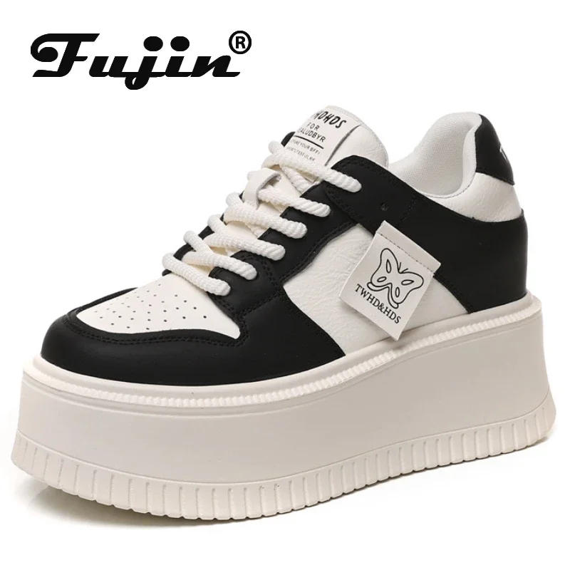 Fujin-Baskets épaisses respirantes en microcarence pour femmes, ROcloser, talons cachés, Parker rond, bottes de rinçage, chaussures de moto, printemps, automne, nouveau, 8cm