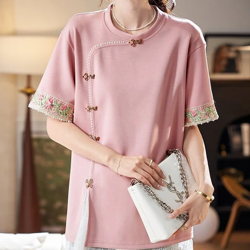 2024 New Chinese Style Solid Color Patchwork Lace Trend Women\'s Clothing Summer Temperament Short Sleeve Straight Pink Blouses