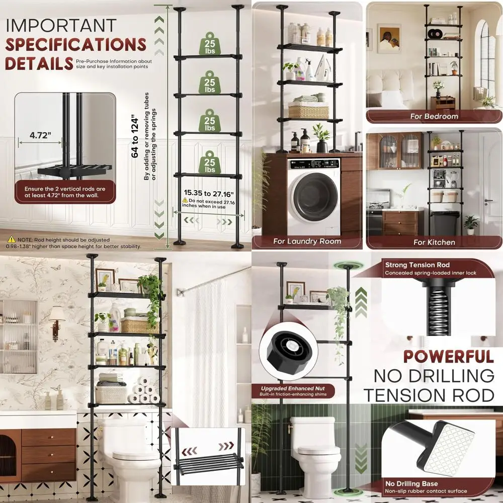 

Adjustable 4-Tier Over Toilet Storage, Black Bathroom Organizer Rack, 64-124H x 15-27W, No Drill Tension Mount